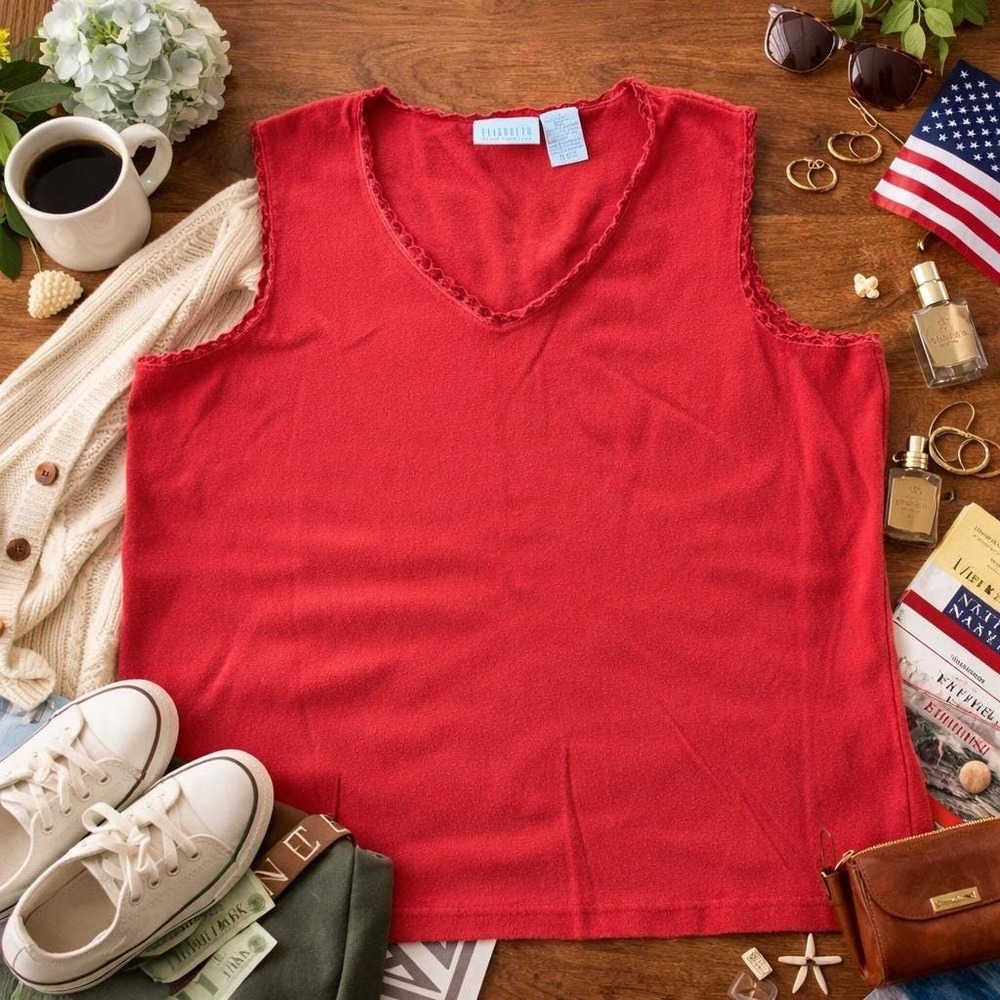 Elisabeth Liz Claiborne Tank Top Womens 1 Red Scalloped Trim Cotton V-Neck Basic